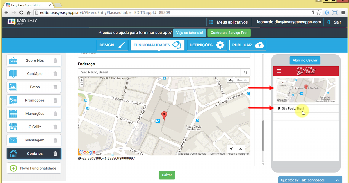 Quando o usuário apertar em cima da imagem do mapa, ou do endereço, ele terá a possibilidade de ir directo para a aplicação de mapas que estiver instalada no dispositivo e ai obter as direções para o seu estabelecimento.