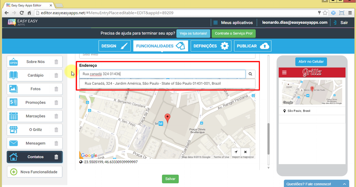 Para configurar o endereço você pode colocar o seu endereço completo no campo para o efeito como se estivesse colocando um endereço no google maps. . Após indicar o seu endereço completo, pressione a tecla enter ou aperte o ícone da lupa.