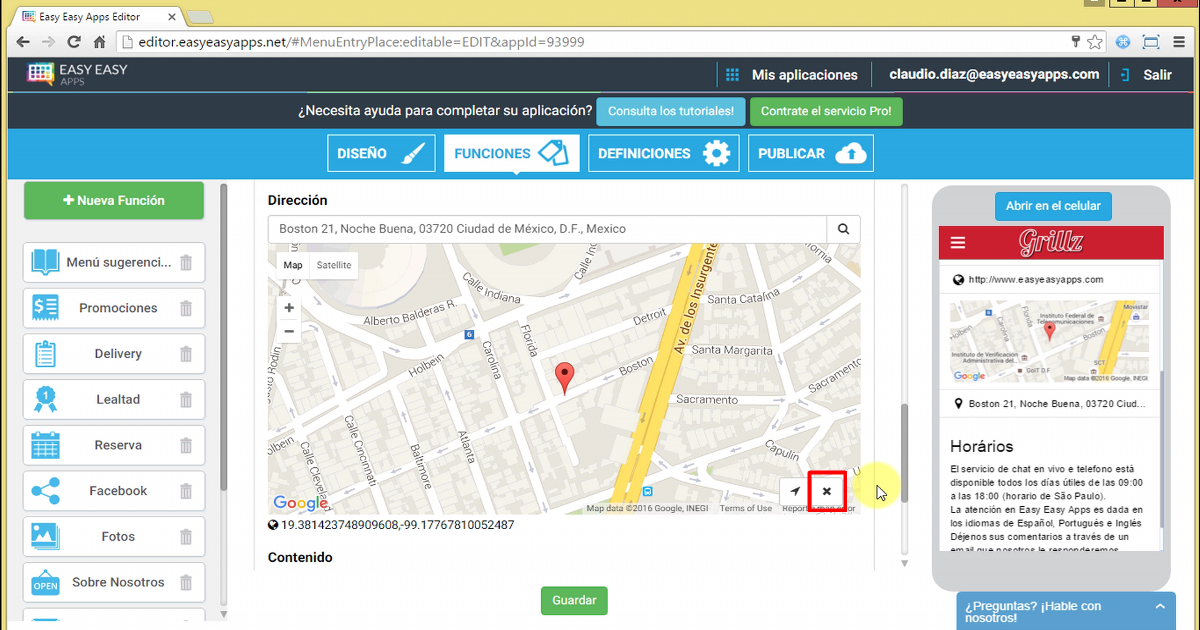 Si no deseara mostrar el mapa y la dirección en su aplicación, presione el botón “X” y se eliminarán los datos.