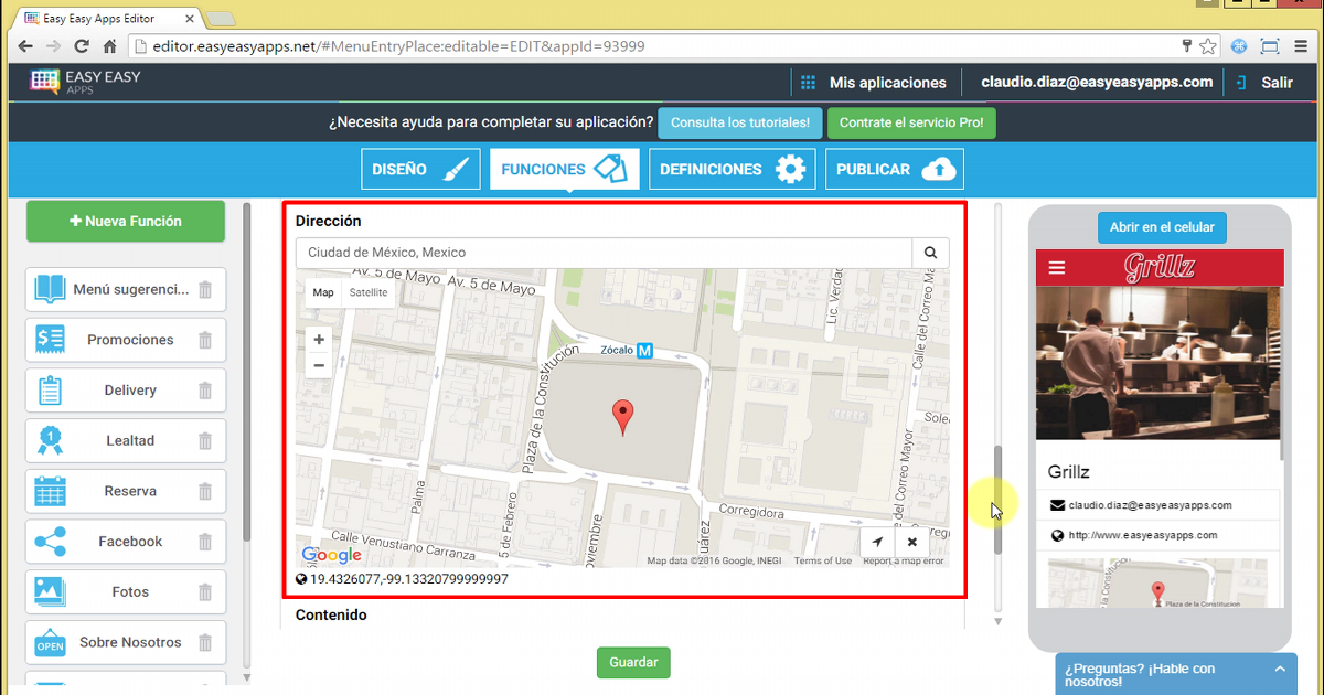 El campo de dirección permite al usuario ver la ubicación en el mapa y la dirección completa de su establecimiento. Esta función le permite ofrecer al usuario una manera, rápida y fácil, de obtener direcciones para llegar a la ubicación configurada con un solo clic.