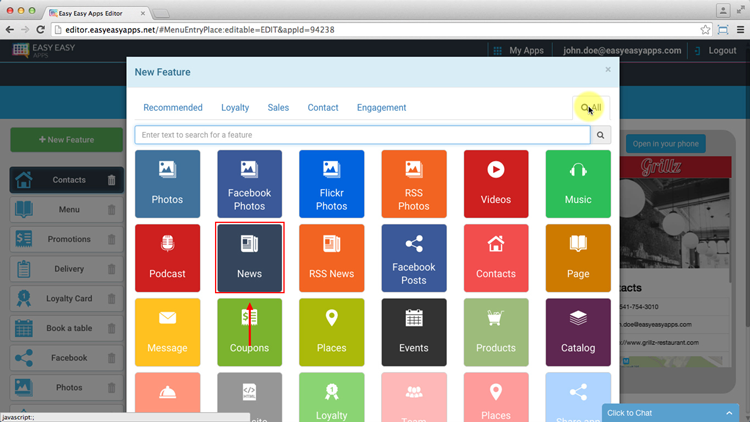 To add the “News” feature start by pressing the “New Feature” button. Select the “All” tab and choose “News”.