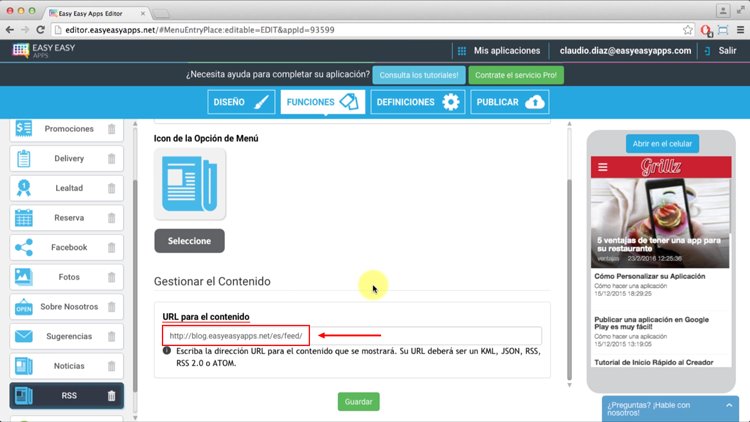 Escriba la dirección URL del feed y la importación será automática.