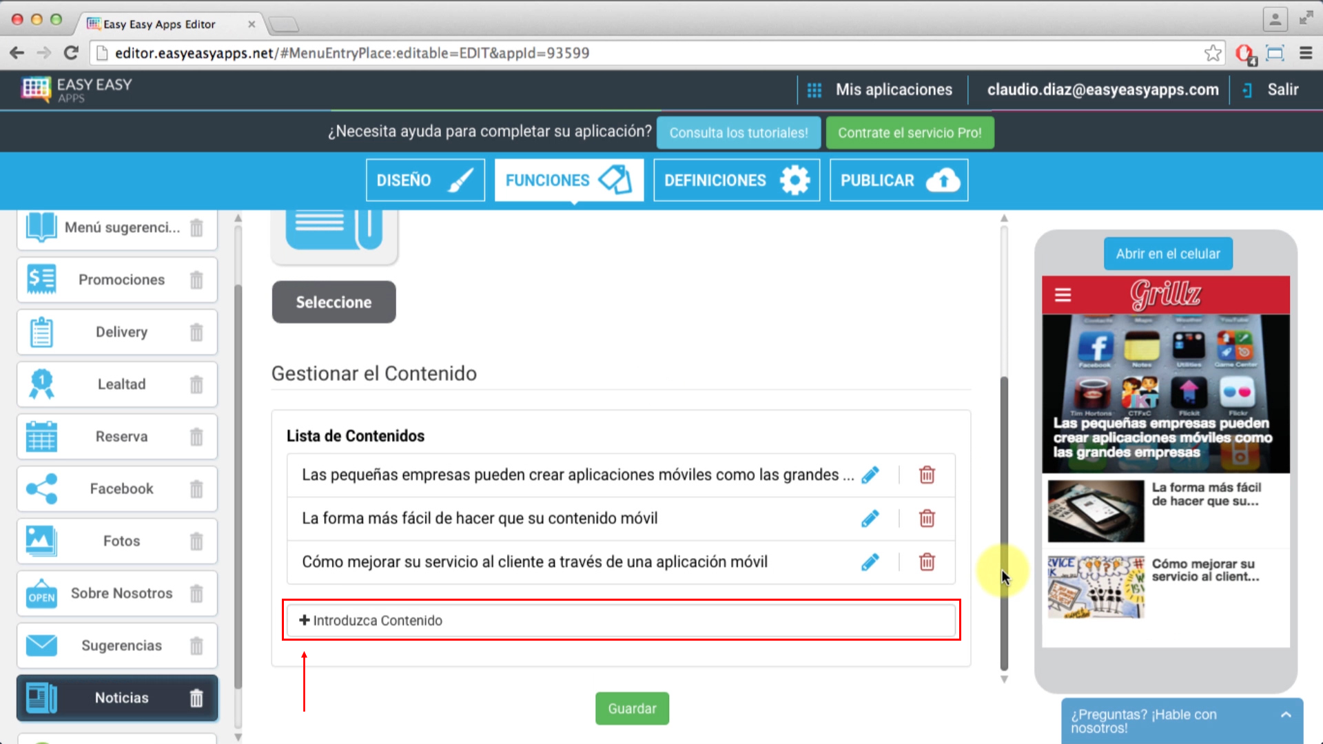 Para introduzir una noticia, sólo tiene que pulsar el botón “Introduzca contenido.