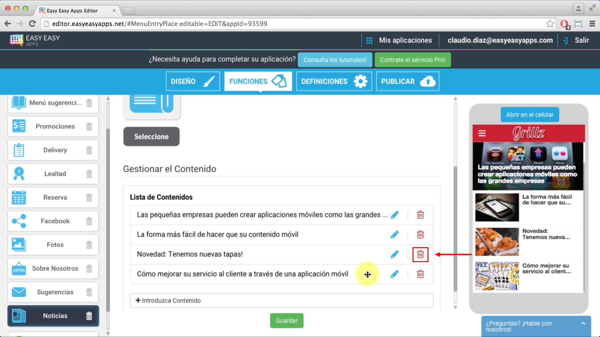 Para eliminar la noticia pulse el icono de Papelera de reciclaje y confirme la acción.