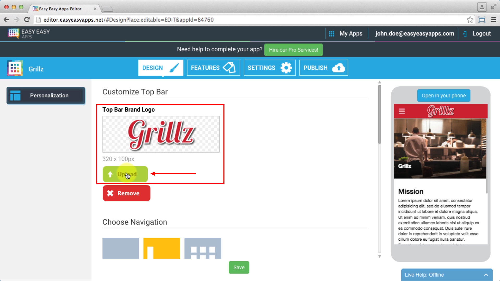 in the top bar logo field you can upload your brand’s logo by clicking the Upload button