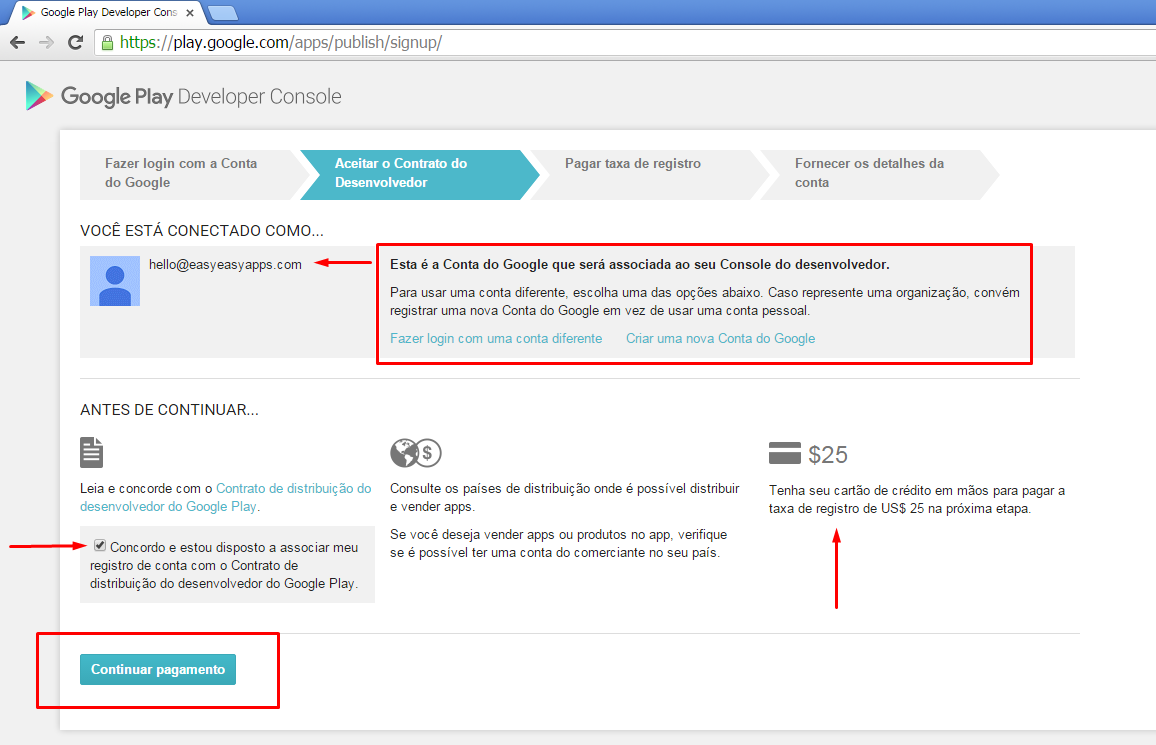 Aceite o contrato de distribuição d desenvolvedor do Google Play