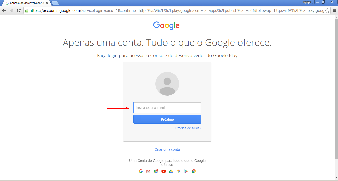 Faça Login para acessar o Console do desenvolvedor do Google Play