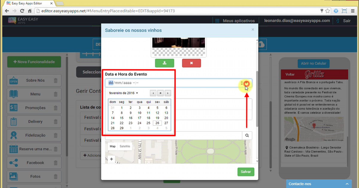 No campo Data e Hora indique o dia e a hora em que o evento começa. Você também pode optar por colocar apenas a data, sem a hora do evento.