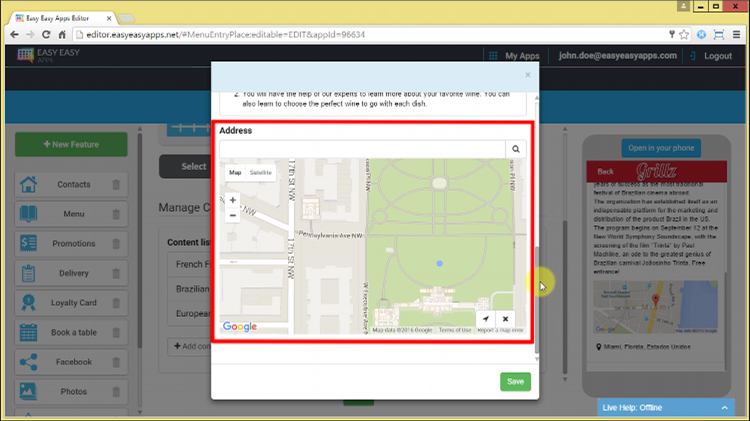 The Address field allows the users to see the event location in a map and its full address.