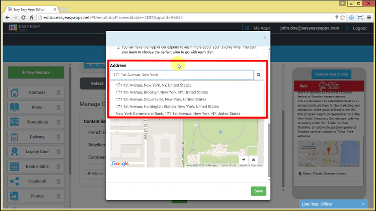 To configure the address, you can enter the full address in the designated field as if you were entering it in Google Maps. Automatically the App Maker will try to complete your address, giving you the best suggestions based on the google maps information. After you enter your full address, press the enter key or press the magnifying glass icon.