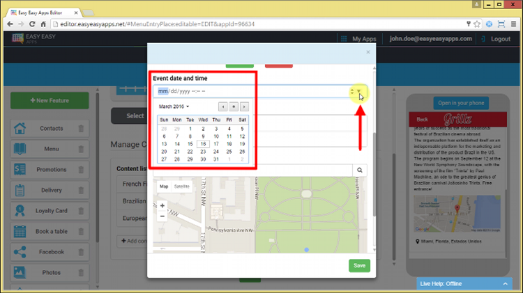 In the Publish Date and Time field enter the day and hour of when the event starts. If you want, you can choose to include only the event date, the time is optional.