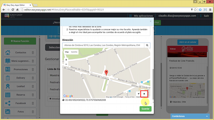 Si no desea mostrar el mapa y la dirección en su teléfono, pulse el botón X y se eliminarán los datos.