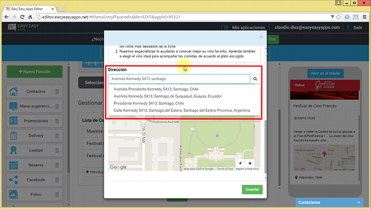 Automáticamente, el creador de aplicaciones intentará completar su dirección, dándole los mejores consejos basados en la información de Google Maps. Después de indicar su dirección completa, presione la tecla enter o presione el icono de la lupa.