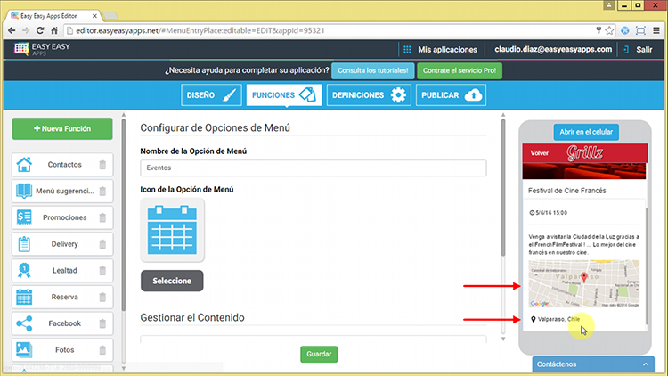 Cuando el usuario pulse sobre la imagen del mapa o la dirección, tendrá la posibilidad de ir directamente a los mapas que estén instalados en el dispositivo. De esta manera, el usuario puede obtener indicaciones para llegar al evento en función de su ubicación.