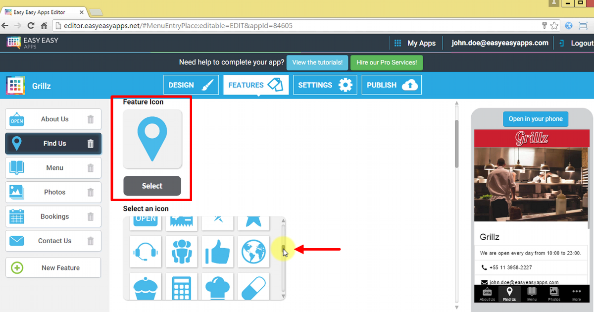 to customize your feature icon, just click the Select button and choose from the available icons