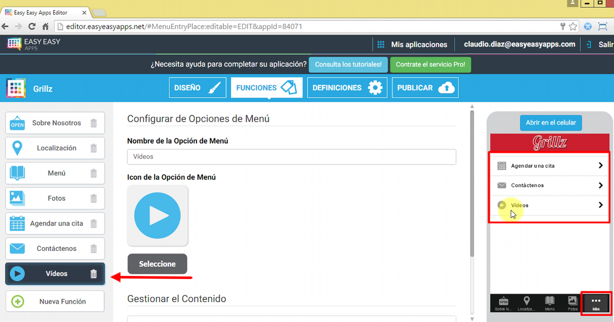 a nueva función será siempre añadida al final de las opciones de la aplicación.