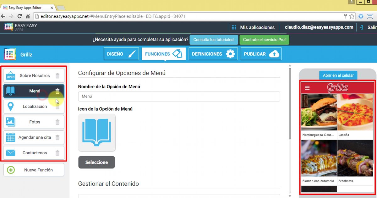 en funciones, usted puede ver la lista de opciones de menú activas en ese momento.