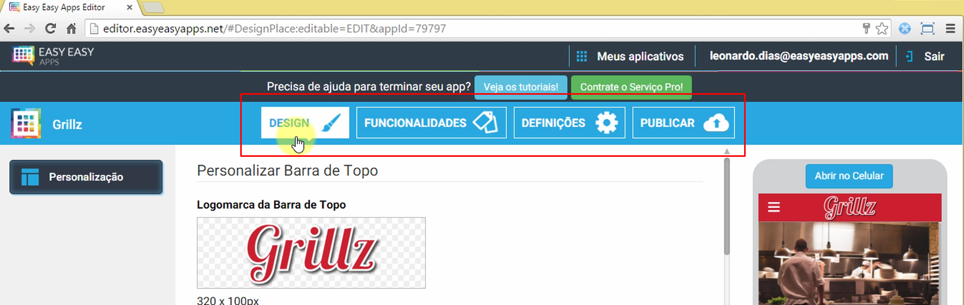 Estrutura do programar para criar aplicativos Easy Easy Apps, abas de Design, Functionalidades, Definições e Publicar