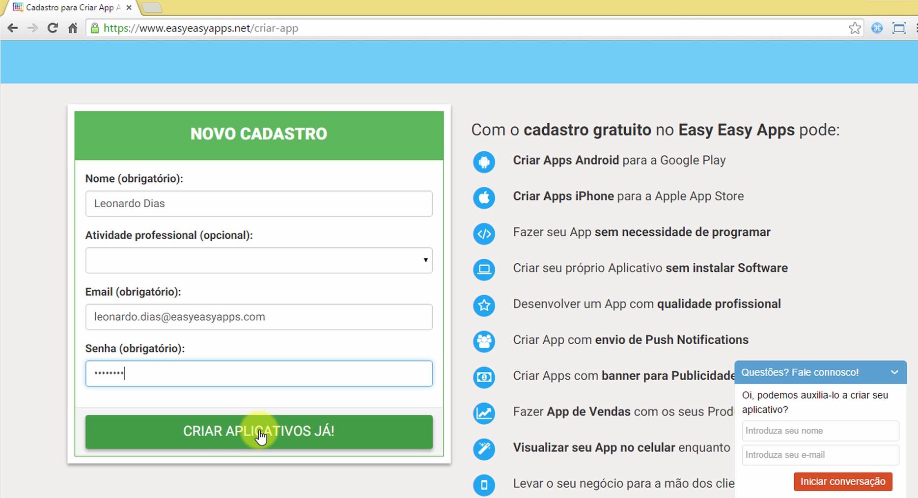 Fazer Cadastro no criador de aplicativos Easy Easy Apps