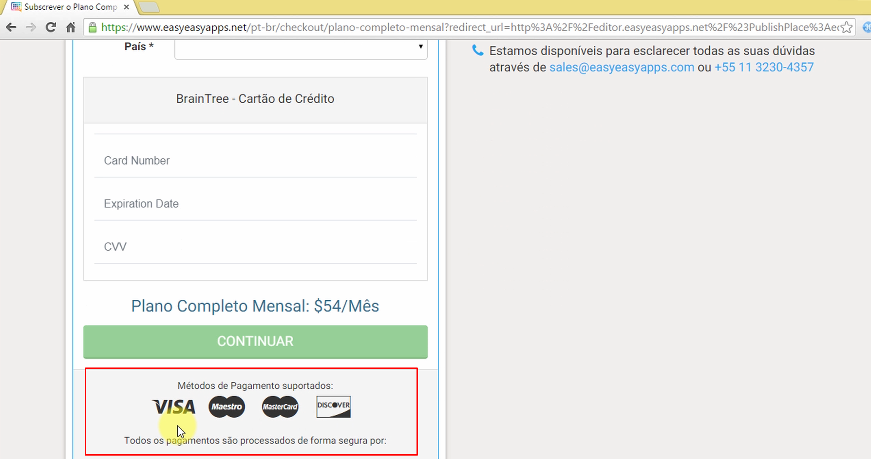 Escolha o método de pagamento para ativar um plano Easy Easy Apps