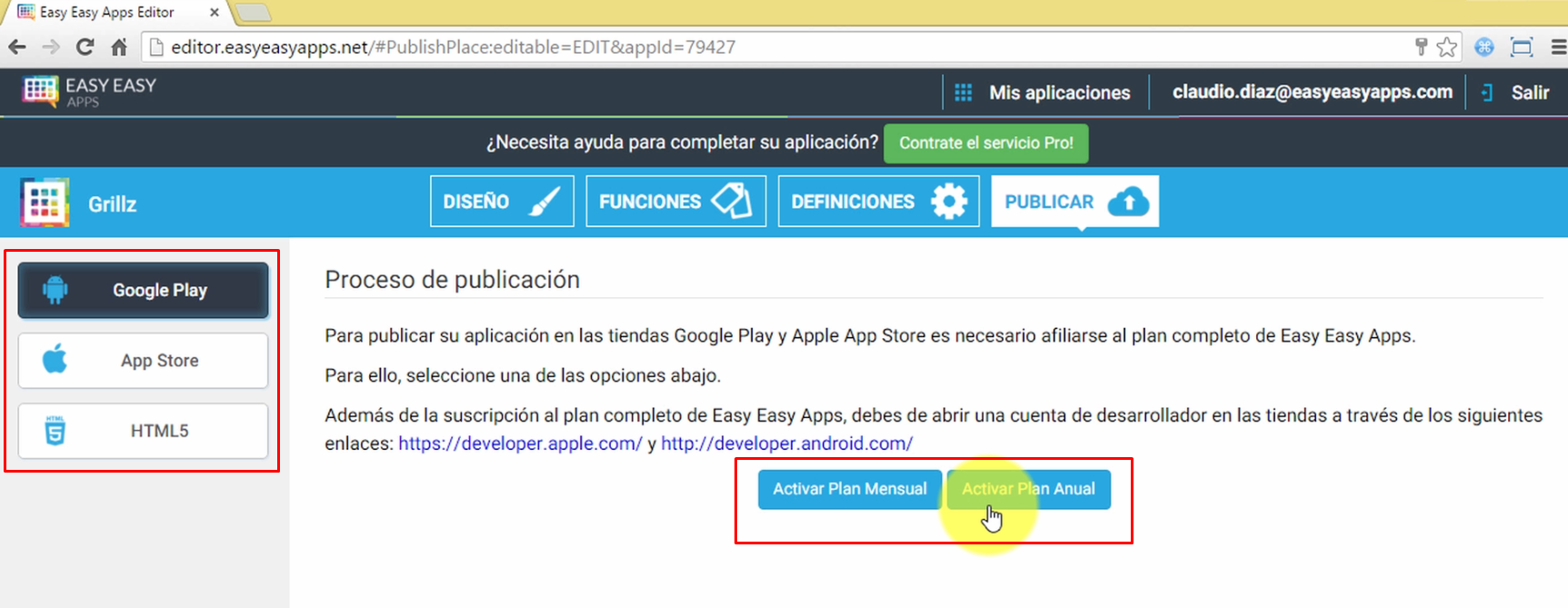 Plataformas donde podrá publicar su aplicación y activación del plan Easy Easy Apps