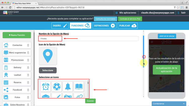 Comience por configurar la pestaña del menú introduciendo el nombre y elegiendo el icono de su elección