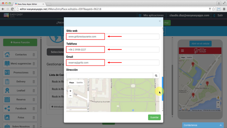 Configure los campos Sitio Web, Teléfono e Email