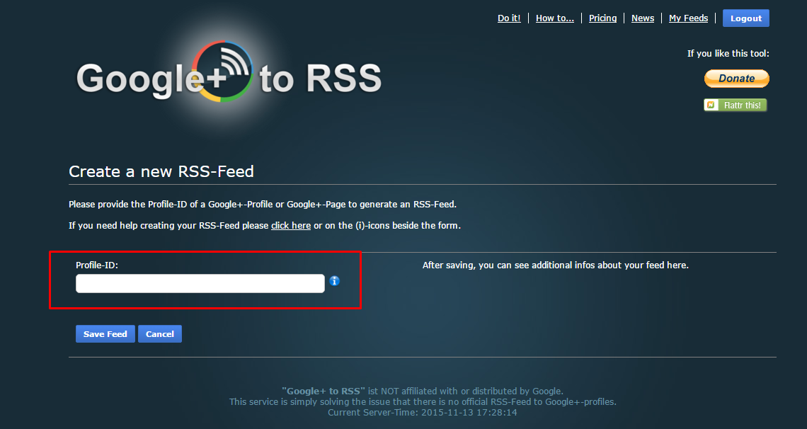 Página de criação de nova feed RSS no site Google+ to RSS