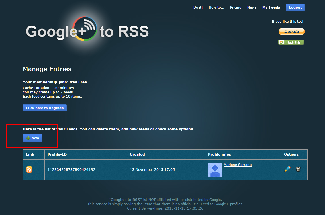 Criação de nova feed RSS no site Google+ to RSS