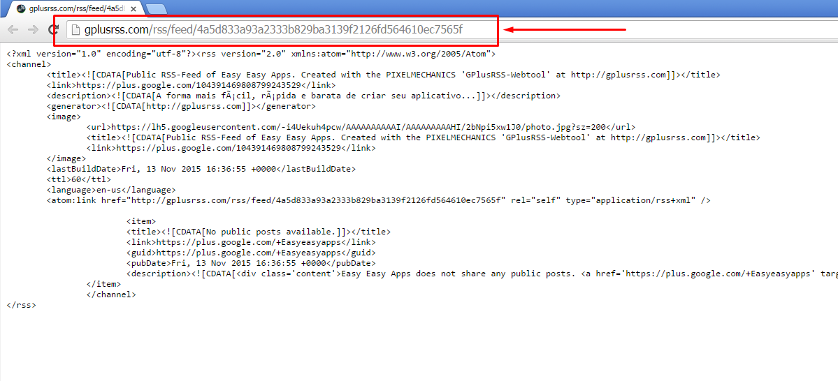 Página com a URL da Feed RSS da sua Página Google+