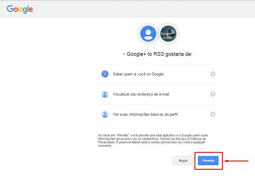 Página de permissão para que o site Google+ to RSS aceda sua página Google+