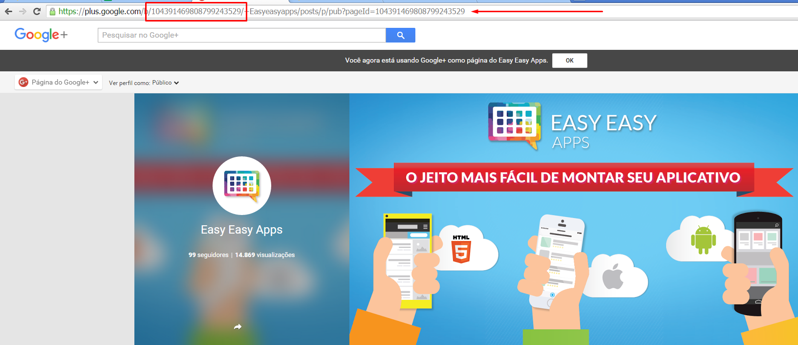 Página do Google+ com indicação do ID da página na URL