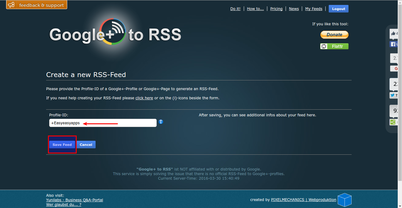 Google+ to RSS page to generate a new RSS feed