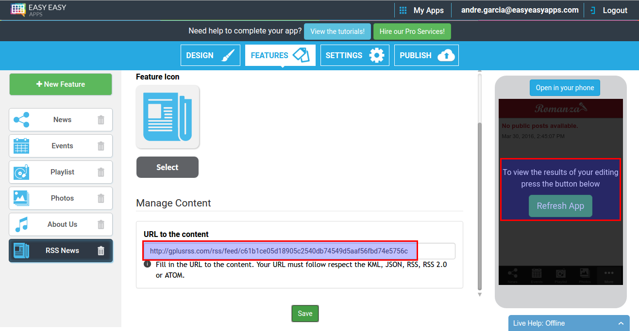 RSS Functionality editing page on the Easy Easy Apps Editor