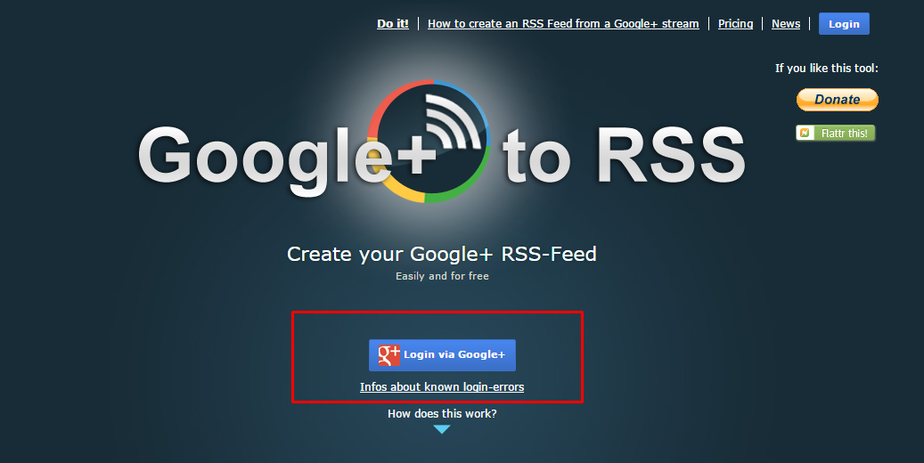 Location of the Login button on Google+ to RSS website