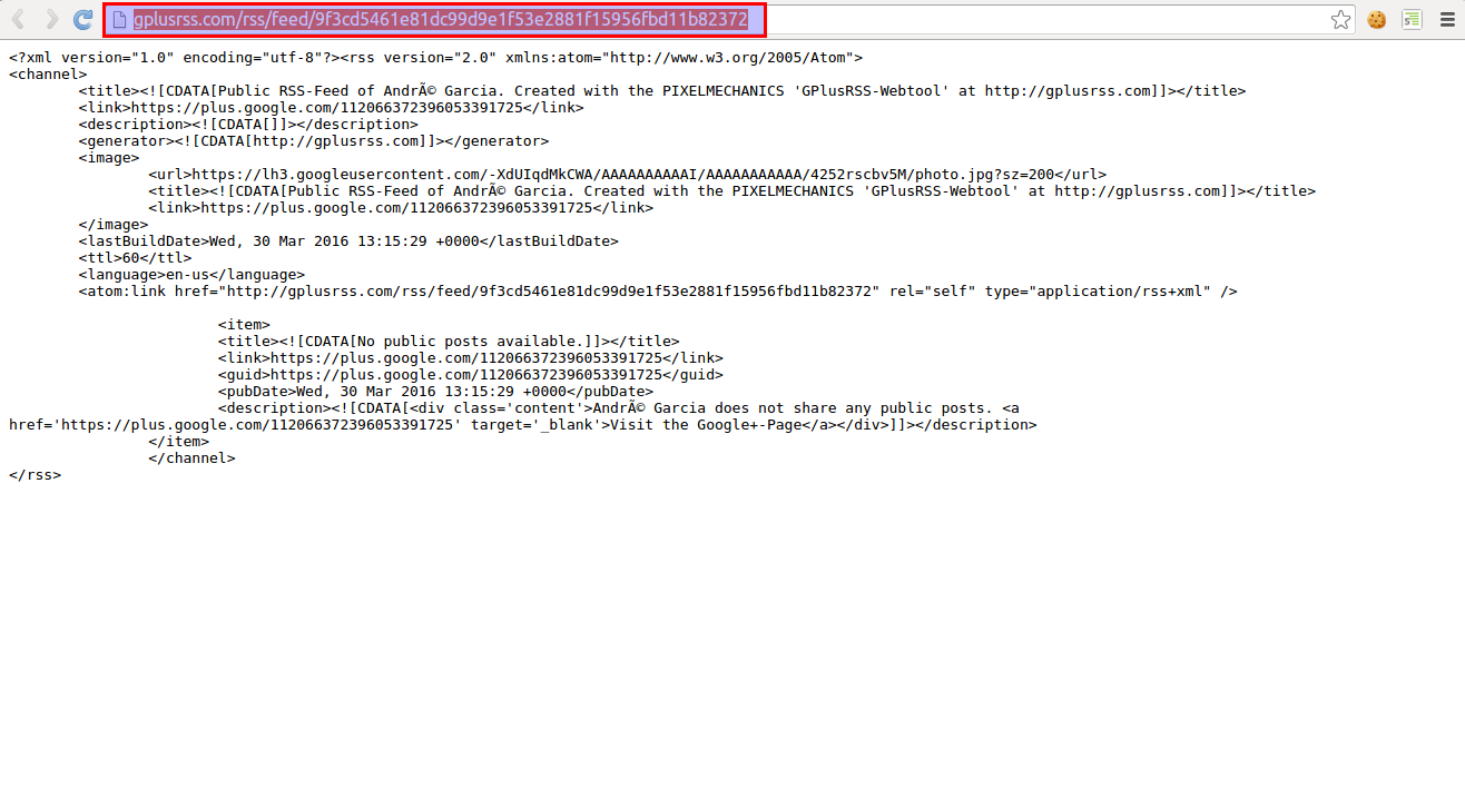 Page with the URL of the RSS feed from your Google+ page