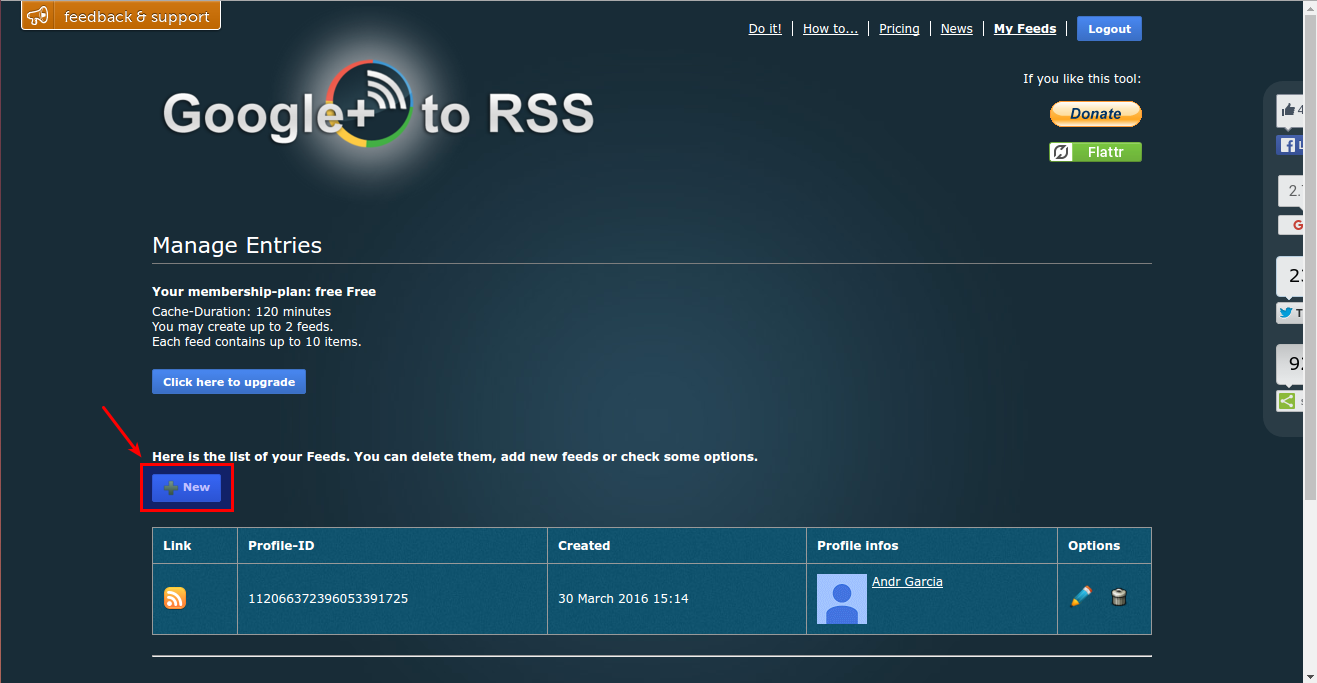 Creating a new RSS feed on the Google+ to RSS website