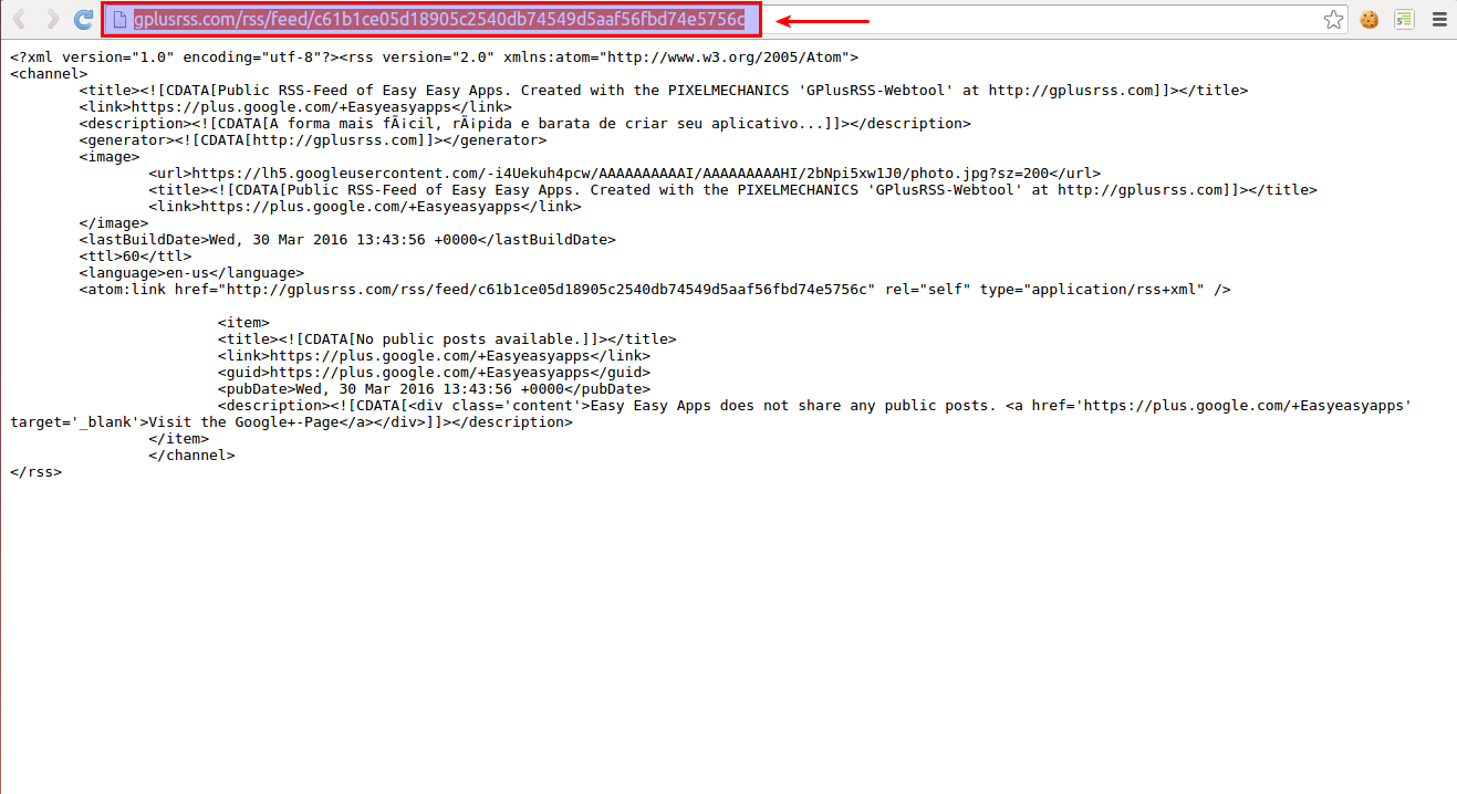 Página con la URL de la Feed RSS de la Página Google+