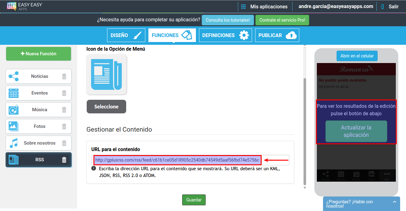 Página e edición de contenido de las funciones RSS del editor de Aplicaciones Easy Easy Apps