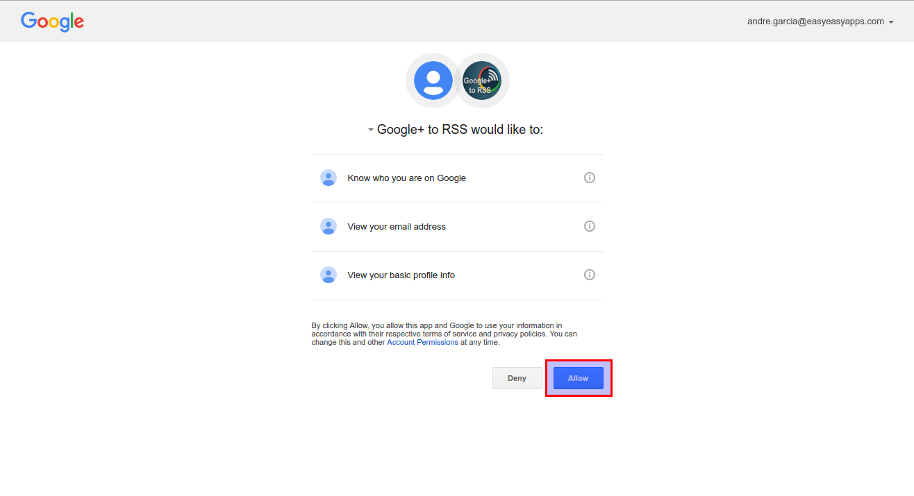 Página de permisiones para que la página de 'Google+ to RSS' acceda su página Google+