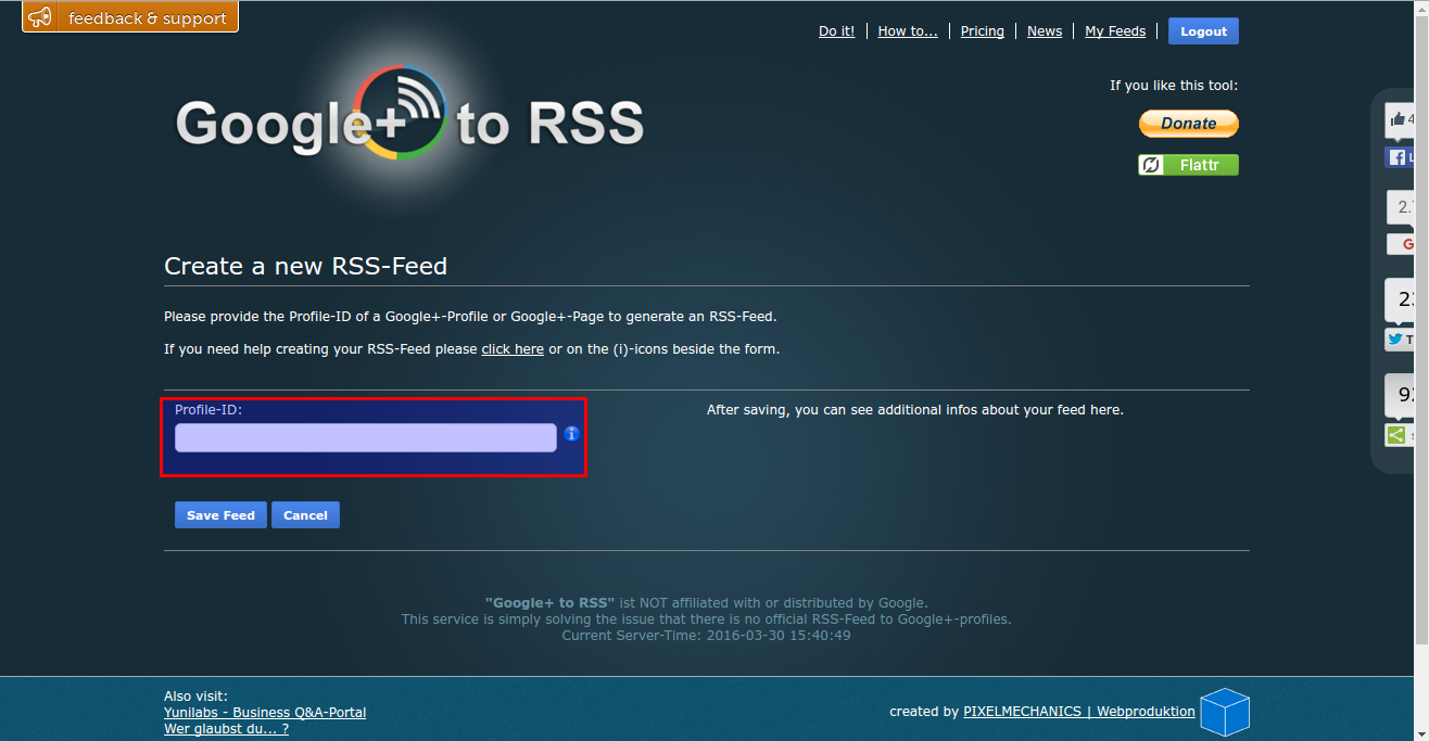 Creación de la nueva feed RSS en la página de Google+ to RSS