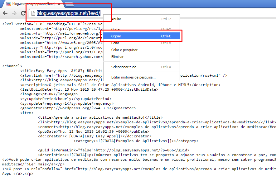 Seleção da URL da feed RSS do Blog da Easy Easy Apps