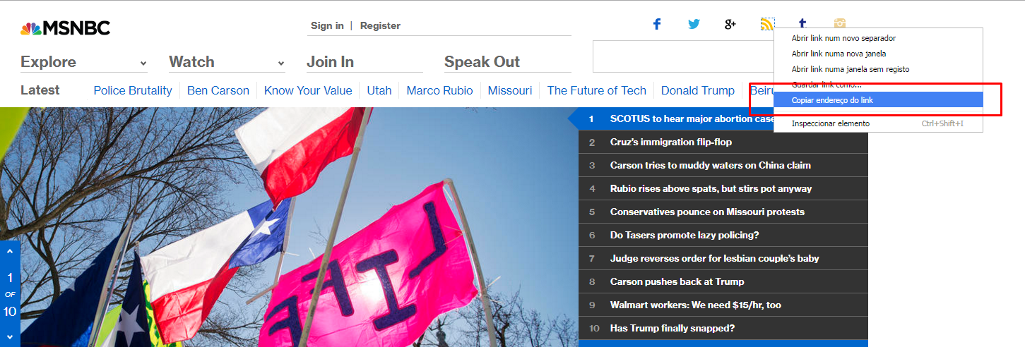 Indicação para copiar o URL da feed RSS do site MSNBC