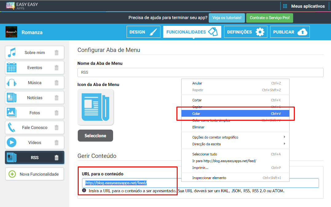 Inserção da URL da feed RSS no Editor de Aplicativos Easy Easy Apps