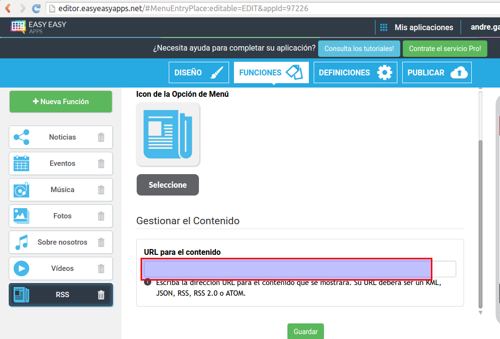 Introduzca la URL de la fuente RSS en el Editor de aplicaciones Easy Easy Apps