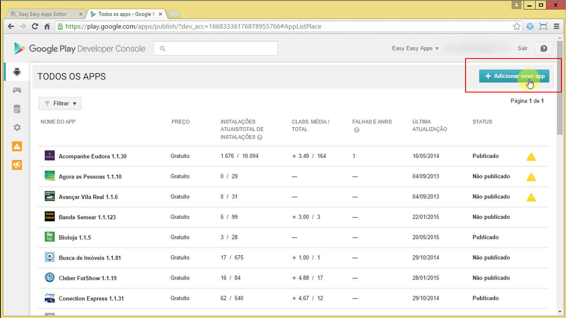 Botão para Adicionar novo App no Google Play