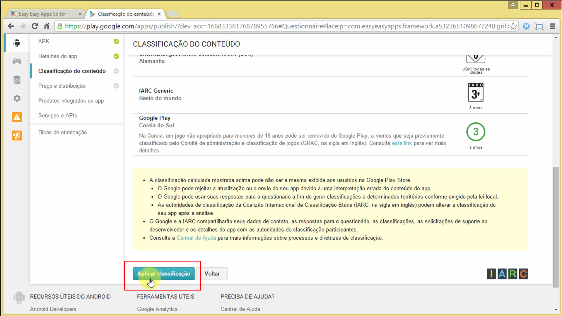 Botão para Aplicar a classificação do Conteúdo do Aplicativo