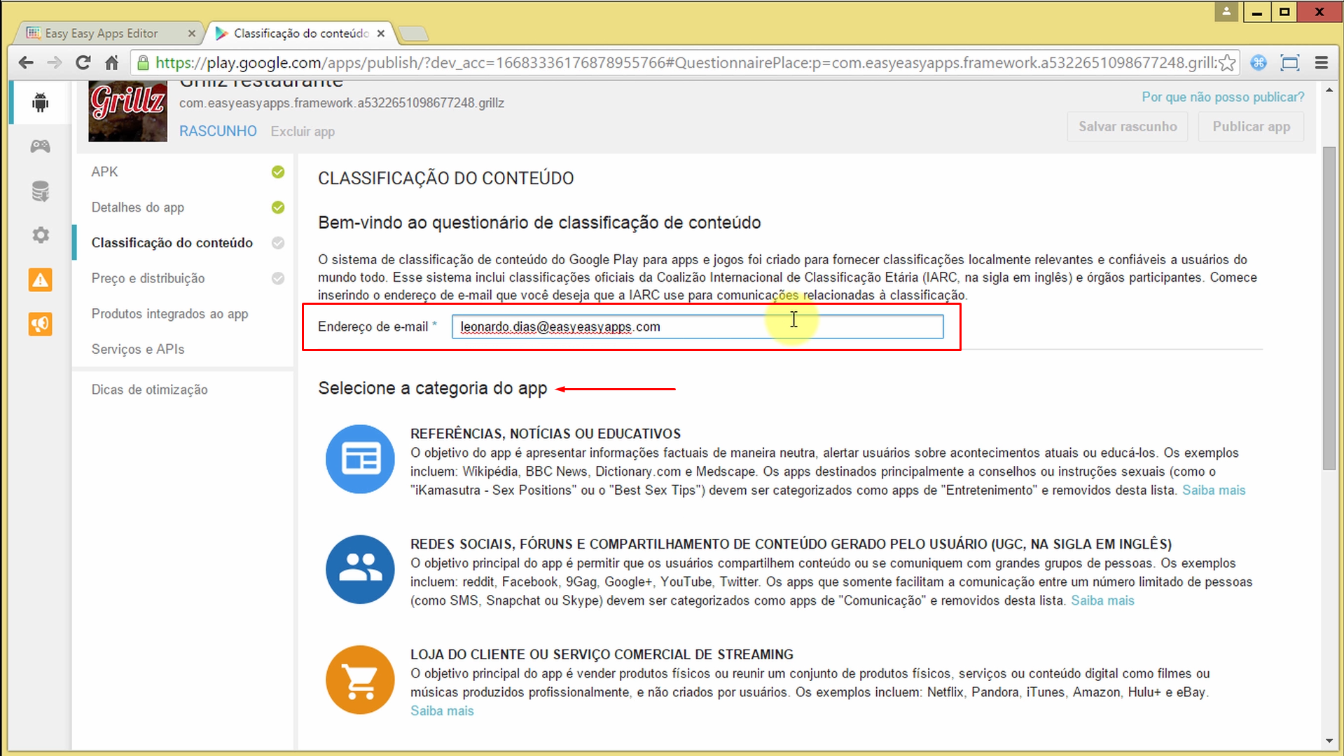 Área para selecionar a categoria do Conteúdo do Aplicativo