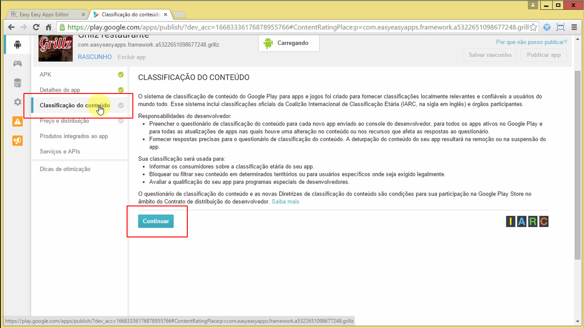 Área de Classificação de Conteúdo do Aplicativo