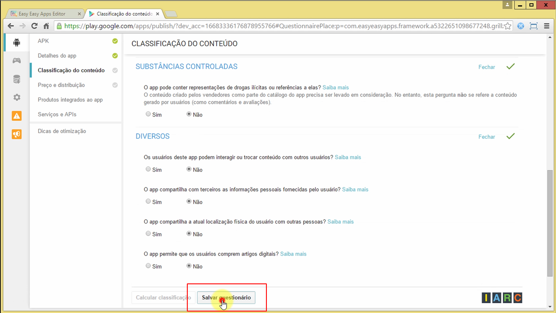 Botão para salvar questionário da categoria do Conteúdo do Aplicativo